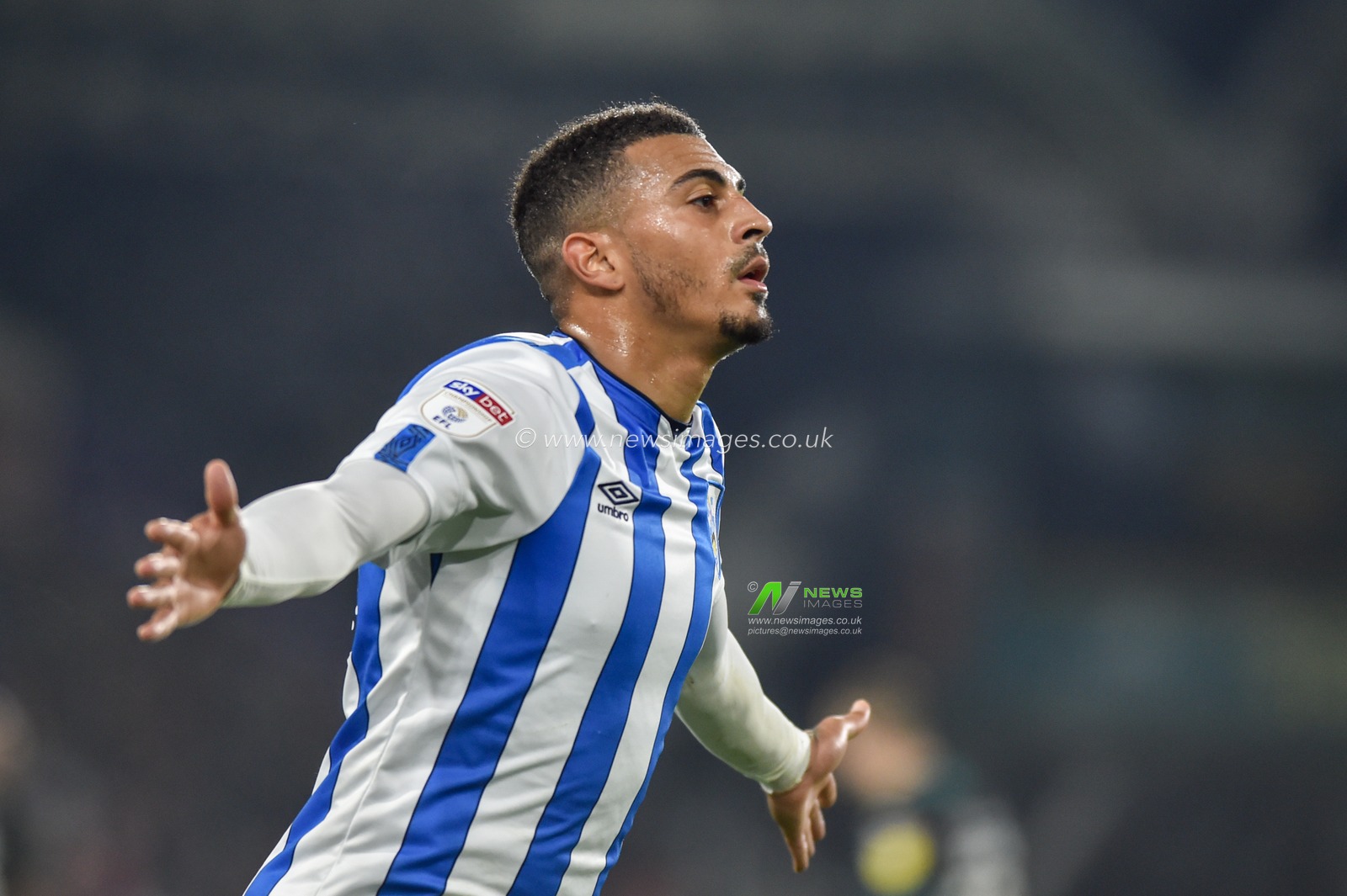 26th November 2019, John Smith's Stadium, Huddersfield, England; Sky Bet Championship, Huddersfield Town v Swansea City : Karlan Grant (16) of Huddersfield Town celebrates scoring the equalising goal to make it 1-1 at half time.

Credit: Dean Williams/News Images