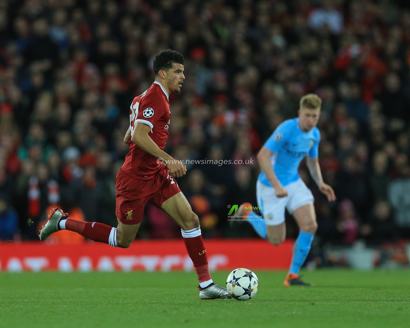 4th April 2018 , Anfield, Liverpool, England; Champions League Quarter Final, first leg, Liverpool v Manchester City; Dominic Solanke of Liverpool with the ball