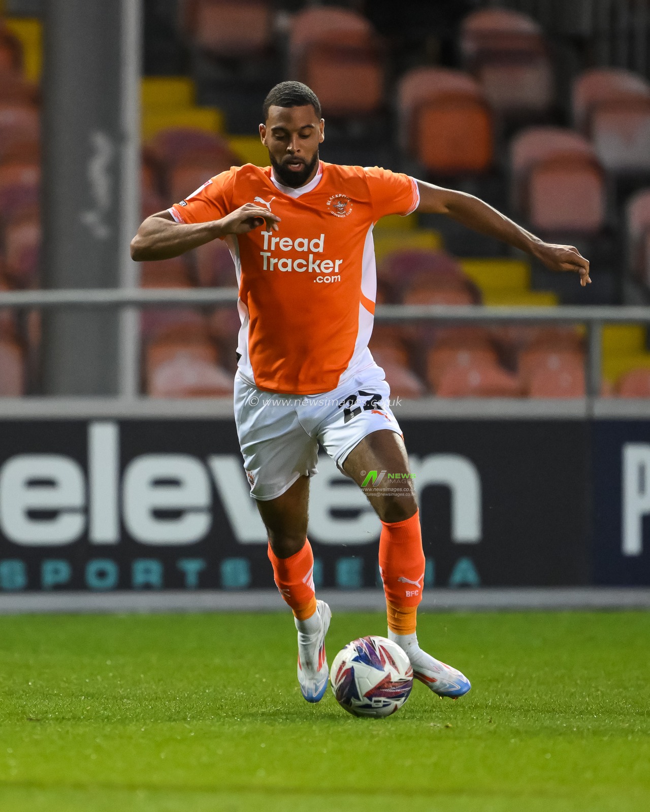 CJ Hamilton of Blackpool makes a break with the ball  during the Bristol Street Motors Trophy match Blackpool vs Crewe Alexandra at Bloomfield Road, Blackpool, United Kingdom, 3rd September 2024

(Photo by Craig Thomas/News Images)