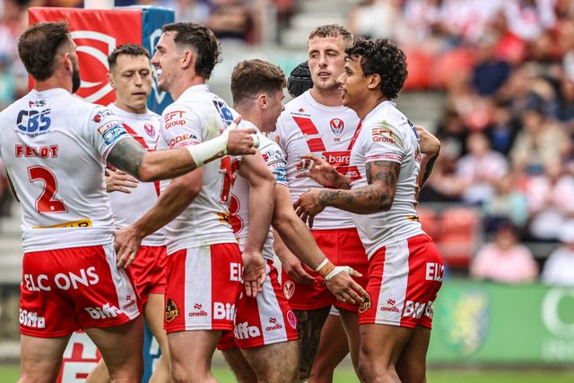 Tristan Sailor of St. Helens celebrates his try during the Betfred Super League round 16 match St Helens vs Salford Red Devils at Totally Wicked Stadium, St Helens, United Kingdom, 29th June 2025

(Photo by Alfie Cosgrove/News Images)