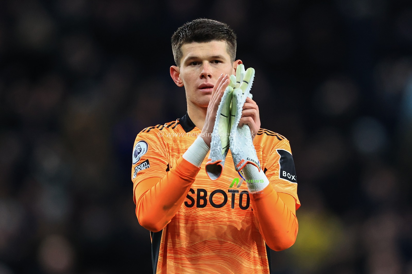 Illan Meslier #1 of Leeds United applauds the travelling fans at the end of the game