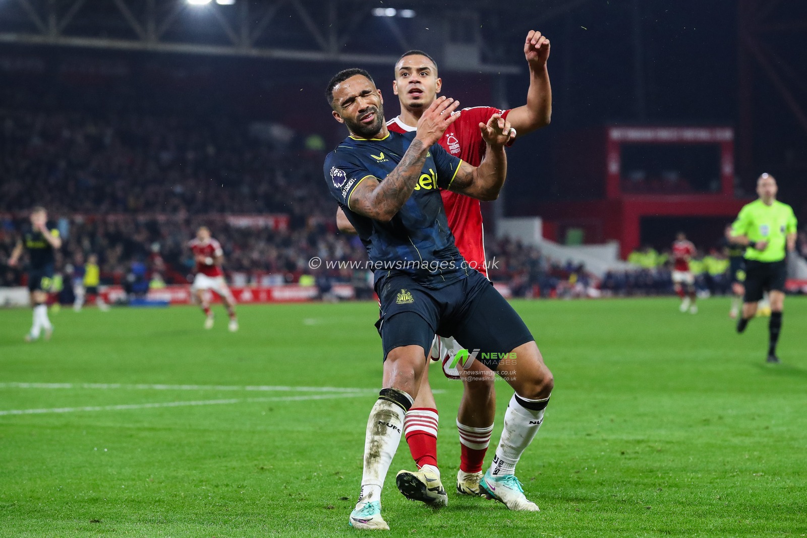 Callum Wilson of Newcastle United reacts after a coming together with Murillo of Nottingham Forest during the Premier League match Nottingham Forest vs Newcastle United at City Ground, Nottingham, United Kingdom, 10th February 2024

(Photo by Gareth Evans/News Images)