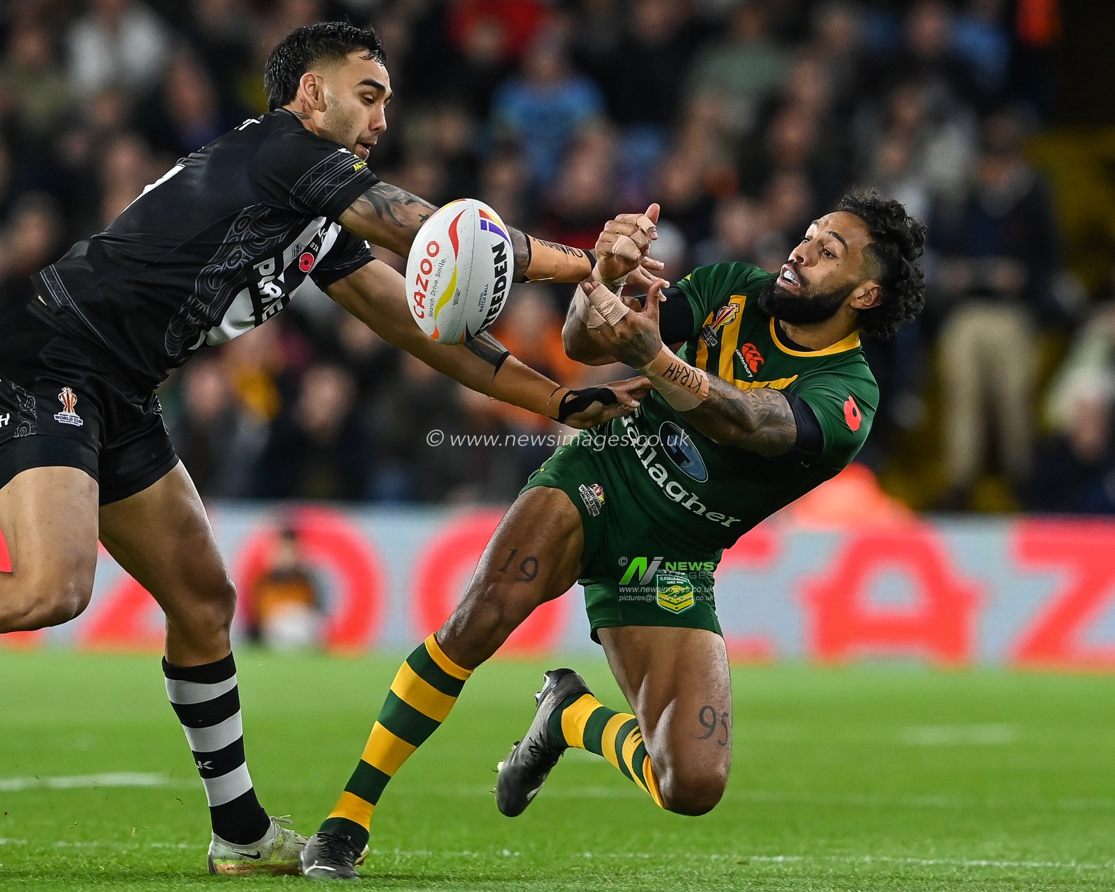Josh Addo-Carr of Australia fails to hold onto the ball during the Rugby League World Cup 2021 Semi Final match Australia vs New Zealand at Elland Road, Leeds, United Kingdom, 11th November 2022

(Photo by Craig Thomas/News Images)