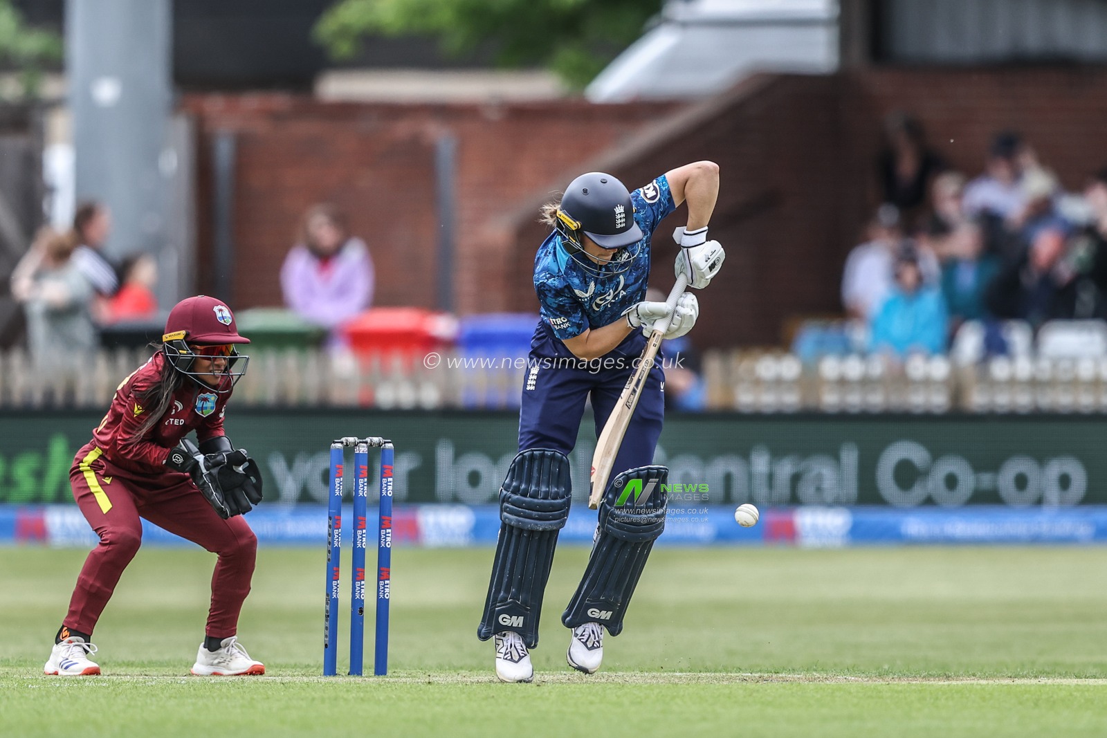 Amy Jones of England hits the ball for one run and gets her half century (50 runs) during the Metro Bank One Day International match England Women vs West Indies Women at Derbyshire County Cricket Club, Derby, United Kingdom, 30th May 2025

(Photo by Alfie Cosgrove/News Images)