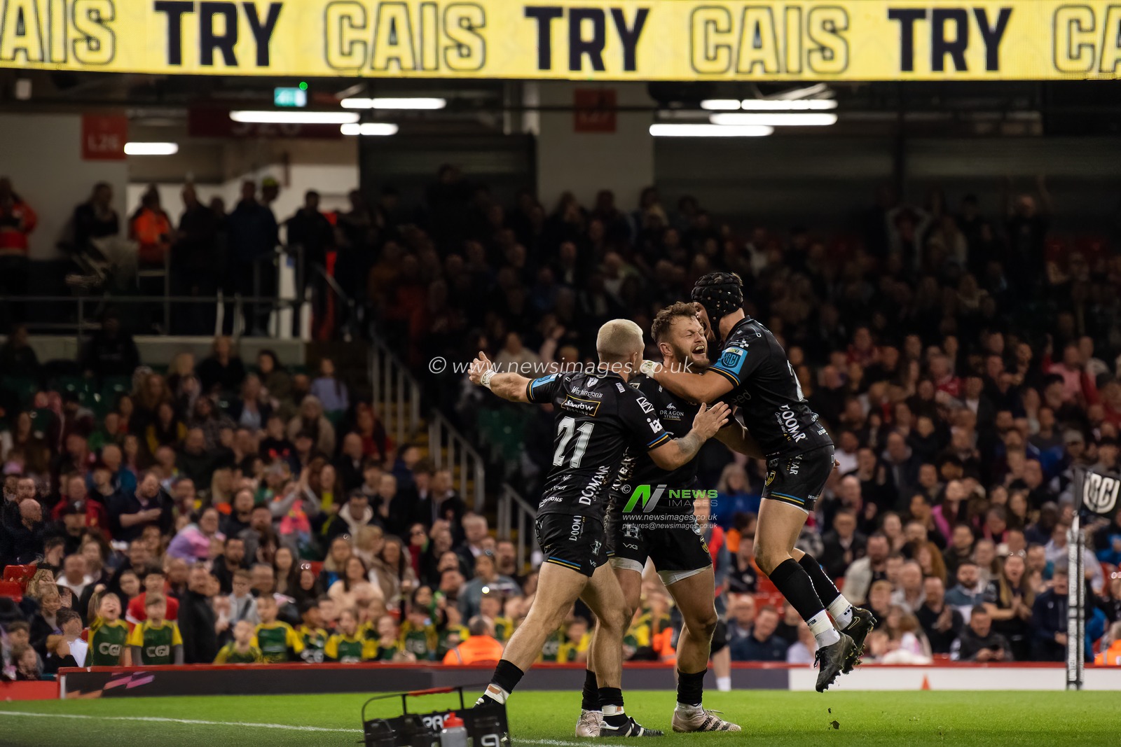 Steff Hughes of the Dragons celebrates his try during the United Rugby Championship match Dragons Rugby vs Llanelli Scarlets at Principality Stadium, Cardiff, United Kingdom, 22nd April 2023

(Photo by Craig Thomas/News Images)