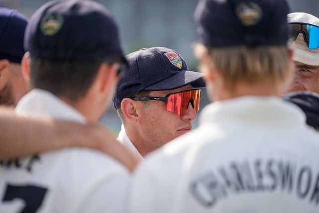 Gloucestershire captain Cameron Bancroft leads the team huddle before the commencement of the follow-on second innings during the County Championship Division Two Derbyshire v Gloucestershire at The Central Co-Op County Ground, Derby, United Kingdom on 26 April 2026

(Photo by Maynard Manyowa/News Images)