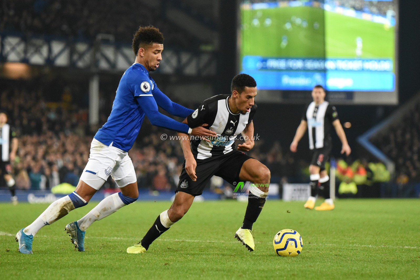 21st January 2020, Goodison Park, Liverpool, England; Premier League, Everton v Newcastle United : Mason Holgate (2) of Everton attempts to get the ball from Isaac Hayden (14) of Newcastle United