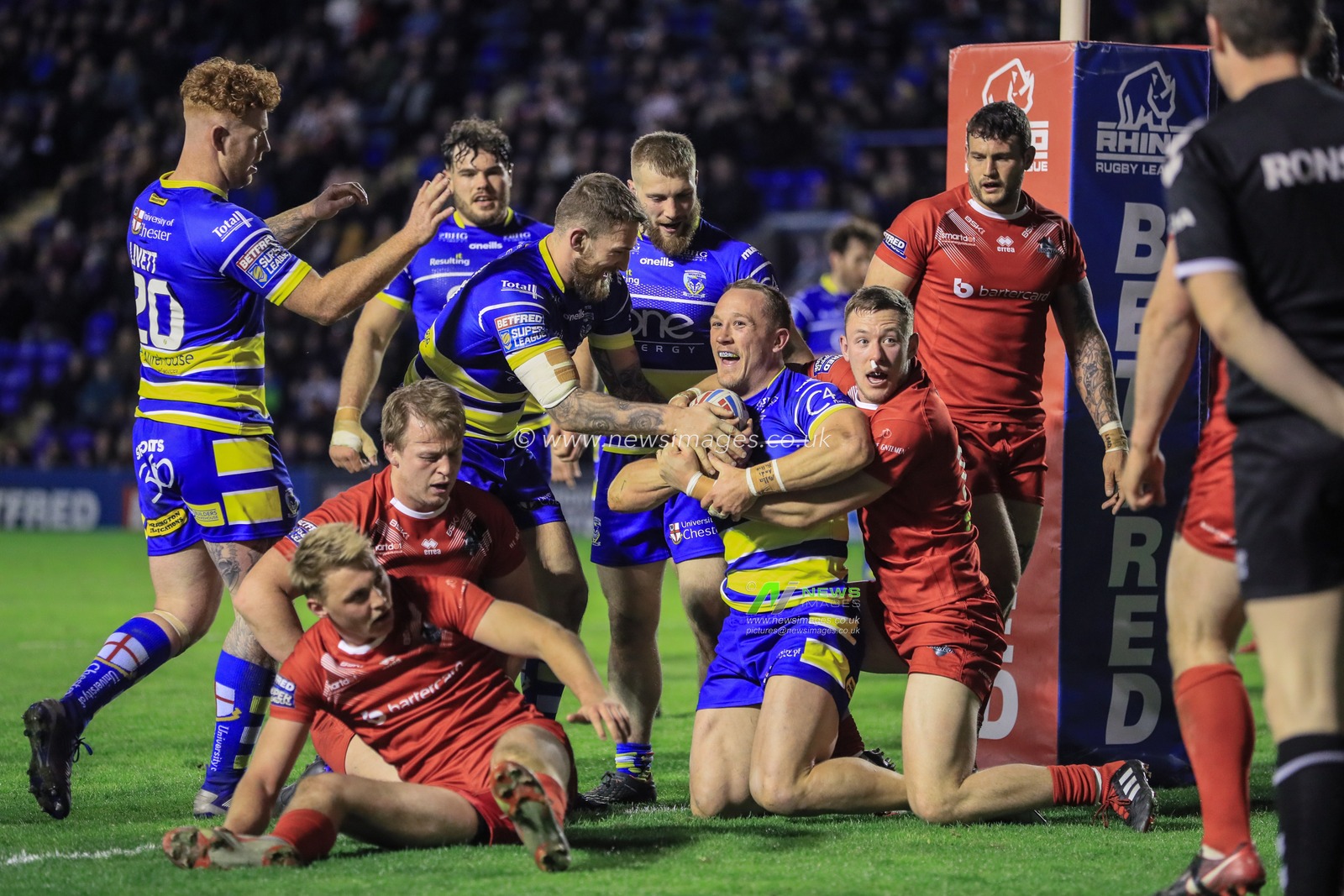 5th April 2019 , Halliwell Jones Stadium, Warrington, England;  Betfred Super League, Round 9, Warrington Wolves vs London Broncos ; Jason Clark (14) of Warrington Wolves celebrates his try 

Credit: Mark Cosgrove/News Images