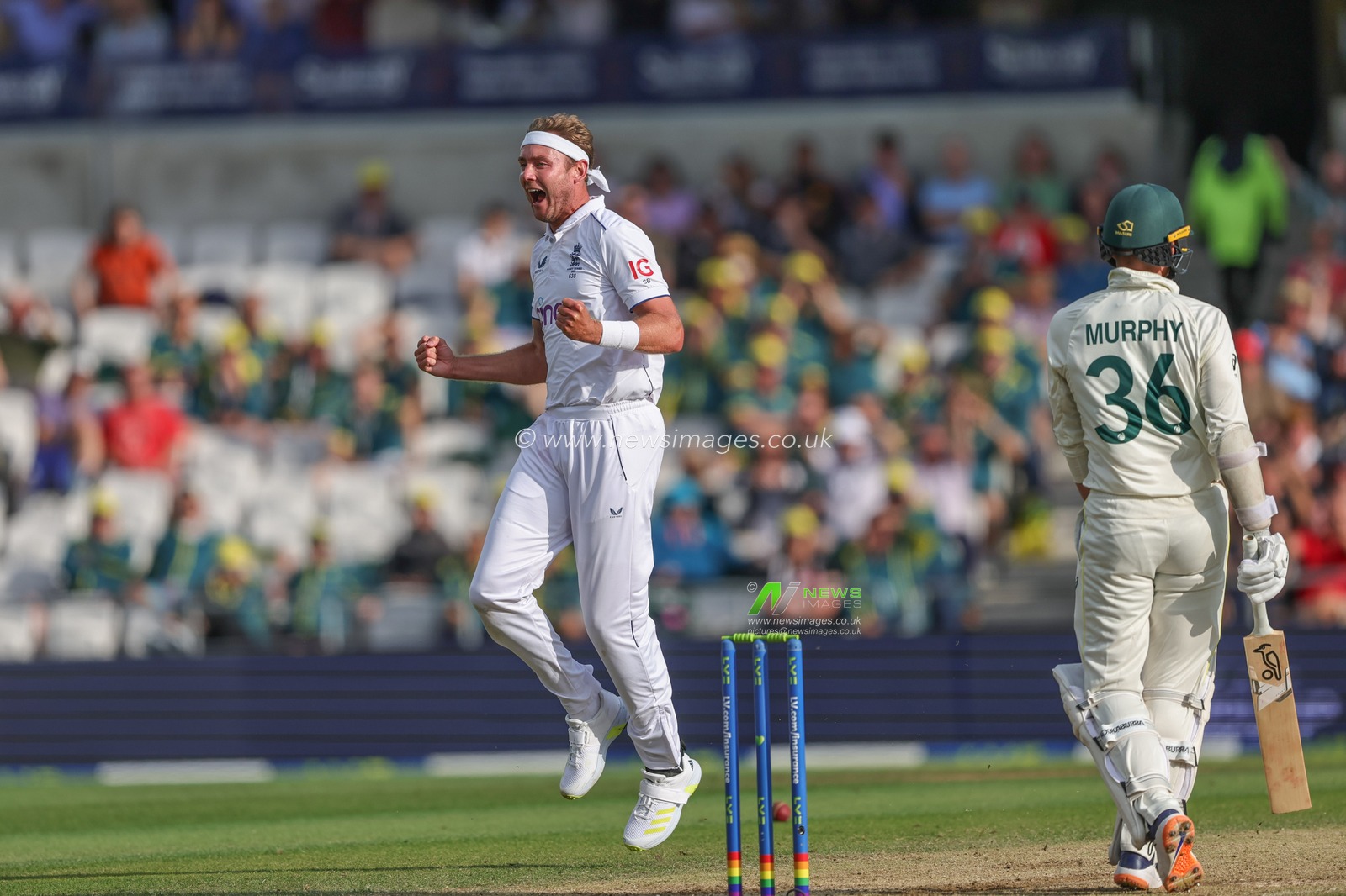 Stuart Broad of England celebrates bowling out Todd Murphy of Australia by LBW during the LV= Insurance Ashes Third Test Series Day 3 England v Australia at Headingley Stadium, Leeds, United Kingdom, 8th July 2023

(Photo by Mark Cosgrove/News Images)