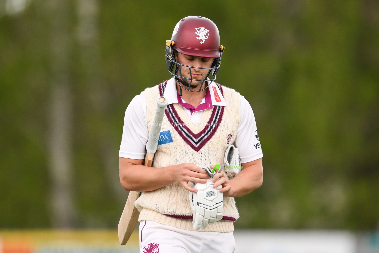 Tom Lammonby of Somerset leaves the field after losing his wicket bowled by Joe Leach of Worcestershire caught Jason Holder of Worcestershire during the Vitality County Championship Division 1 match Worcestershire vs Somerset at Kidderminster Cricket Club, Kidderminster, United Kingdom, 26th April 2024

(Photo by Craig Thomas/News Images)
