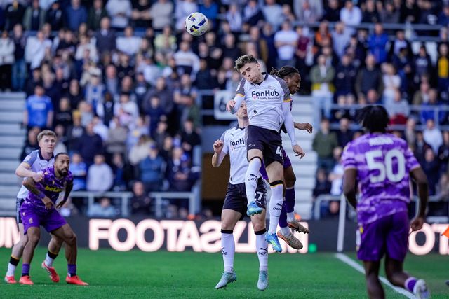 Bobby Clark of Derby County jumps to head the ball away from Lamine Cisse of Stoke City during the Sky Bet Championship match Derby County vs Stoke City at Pride Park Stadium, Derby, United Kingdom on 06 April 2026

(Photo by Maynard Manyowa/News Images)