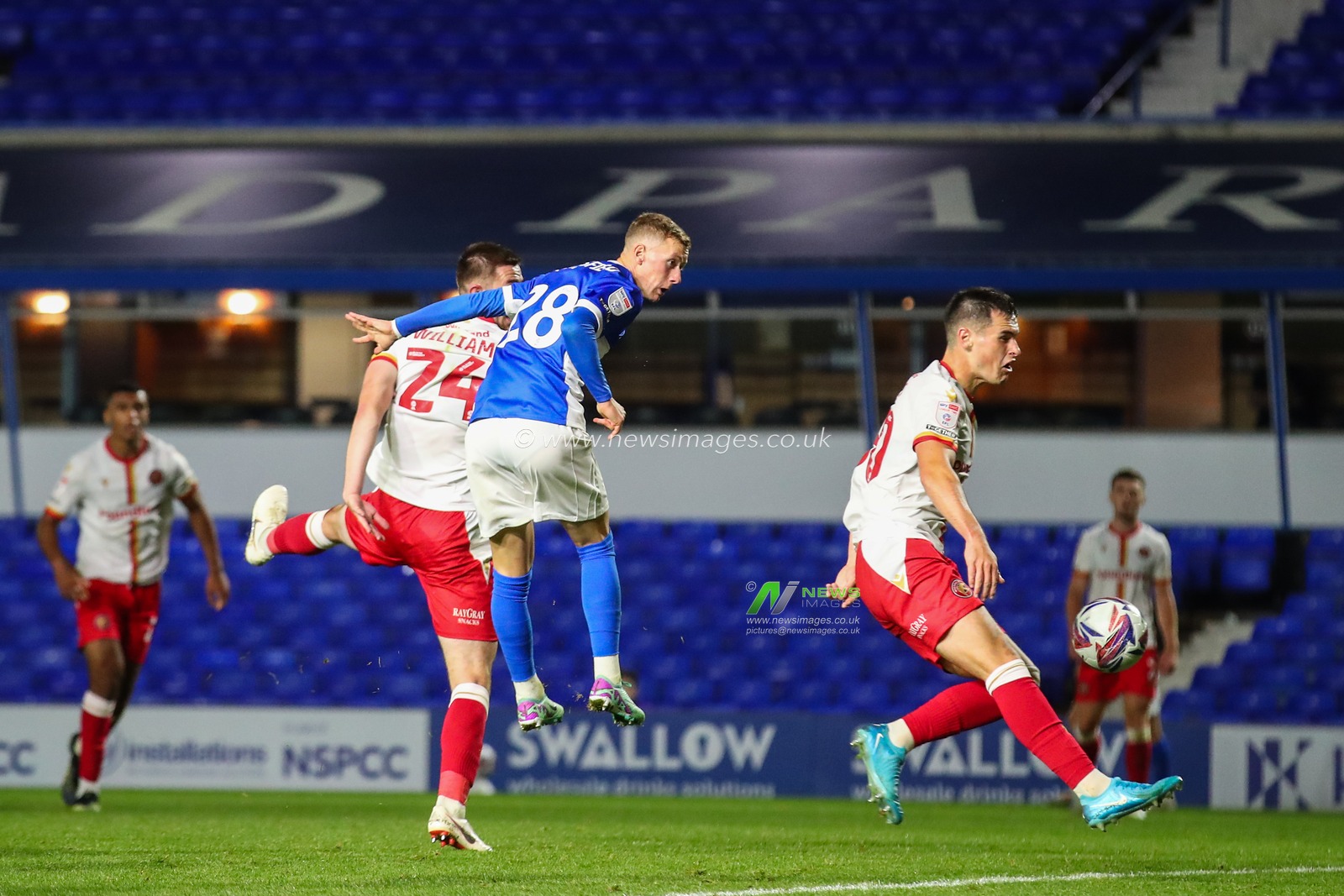 Jay Stansfield of Birmingham City has a headed shot at goal during the Bristol Street Motors Trophy match Birmingham City vs Walsall at St. Andrew's @ Knighthead Park, Birmingham, United Kingdom, 3rd September 2024

(Photo by Gareth Evans/News Images)