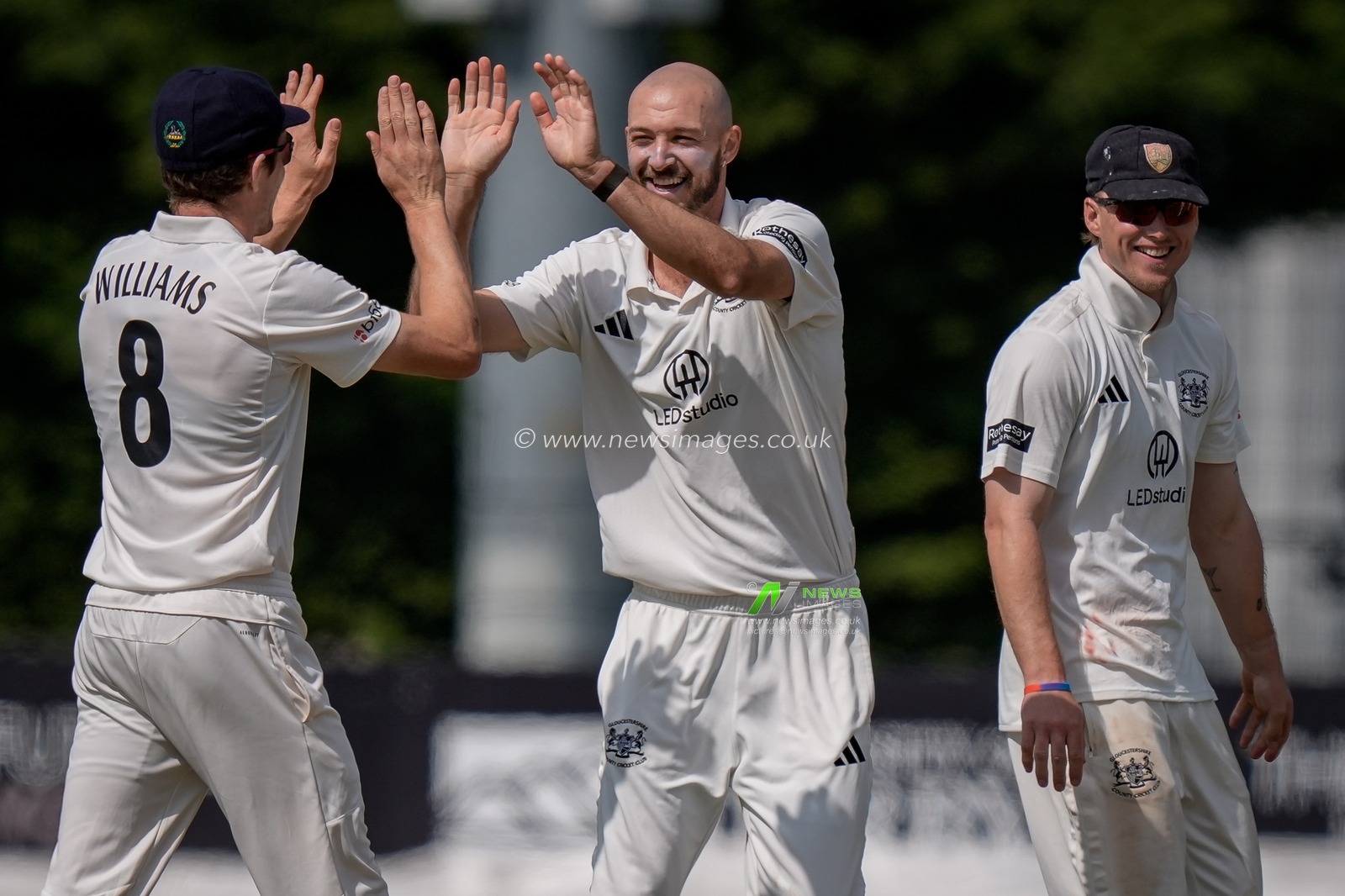 Gabe Bell of Gloucestershire celebrates his wicket ofBen Aitchison of Derbyshire with his team mates during the County Championship Division Two Derbyshire v Gloucestershire at The Central Co-Op County Ground, Derby, United Kingdom on 26 April 2026

(Photo by Maynard Manyowa/News Images)