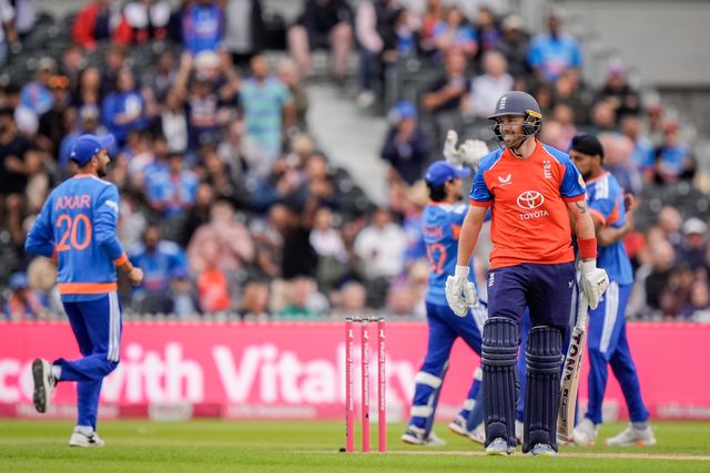 Phil Salt of England walks off after he edges the ball and is caught off the bowling of Arshdeep Singh of India during the Second Vitality T20 International match England vs India at Old Trafford, Manchester, United Kingdom on 04 July 2026

(Photo by Maynard Manyowa/News Images)