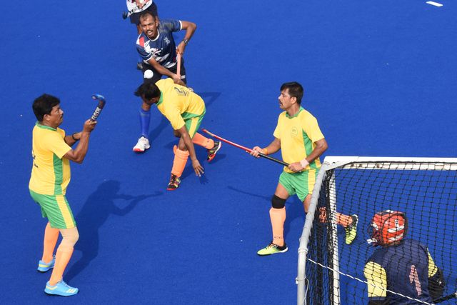 Indian veteran hockey players play at a match ahead the celebrate World Olympic Day in Howrah, West Bengal ,India on June 22,2025.Photo by Debajyoti Chakraborty. World Olympic Day celebrates every year June 23.(Photo: Debajyoti Chakraborty/News Images)