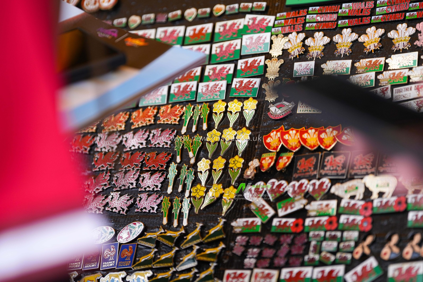 Welsh pins badges for sale on Westgate Street ahead of the 2025 Guinness 6 Nations match Wales vs England at Principality Stadium, Cardiff, United Kingdom, 15th March 2025

(Photo by Andrew Lewis/News Images)