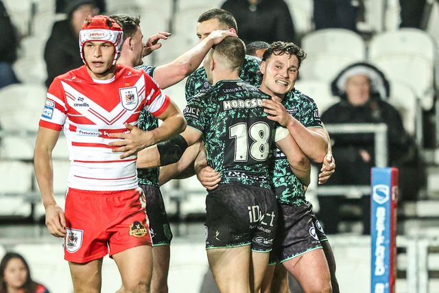 Bailey Hodgson of Leigh Leopards celebrates his try during the Betfred Super League match St Helens vs Leigh Leopards at The BrewDog Stadium, St Helens, United Kingdom on 20 February 2026

(Photo by Alfie Cosgrove/News Images)