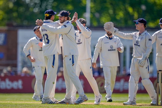 Shoaib Bashir of Derbyshire celebrates the wicket of Cameron Bancroft of Gloucestershire during the County Championship Division Two Derbyshire vs Gloucestershire at The Central Co-Op County Ground, Derby, United Kingdom on 24 April 2026

(Photo by Maynard Manyowa/News Images)