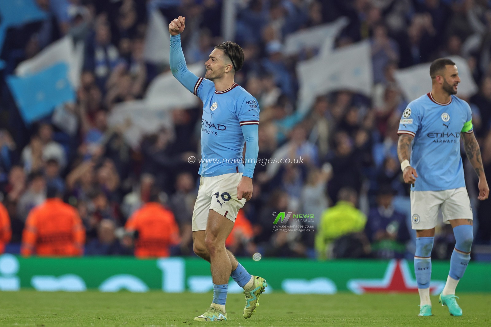 Jack Grealish #10 of Manchester City celebrates his teams win after the UEFA Champions League Semi-Final Second Leg Manchester City vs Real Madrid at Etihad Stadium, Manchester, United Kingdom, 17th May 2023

(Photo by Mark Cosgrove/News Images)