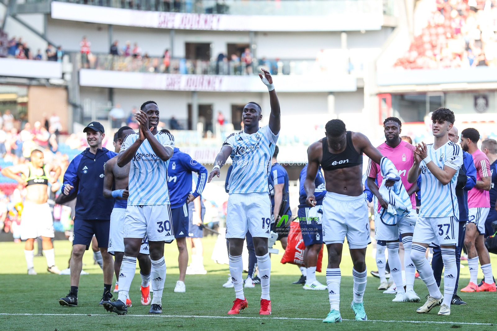 Moussa NiakhatÃ© of Nottingham Forest celebrates his teams win to guarantee safety after the Premier League match Burnley vs Nottingham Forest at Turf Moor, Burnley, United Kingdom, 19th May 2024

(Photo by Gareth Evans/News Images)