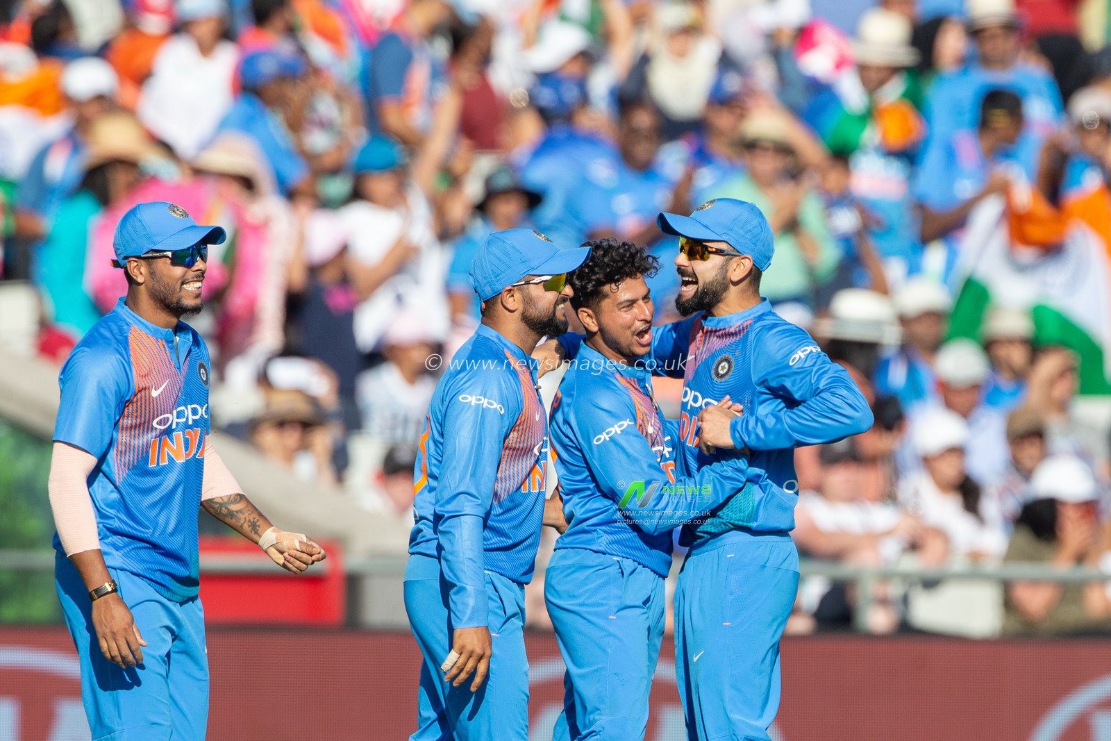 3rd of July 2018 , Emirates Old Trafford, Manchester, England, 1st IT20, Vitality IT20 Series, England v India;Kuldeep Yadav of India celebrates the wicket of Joe Root of England