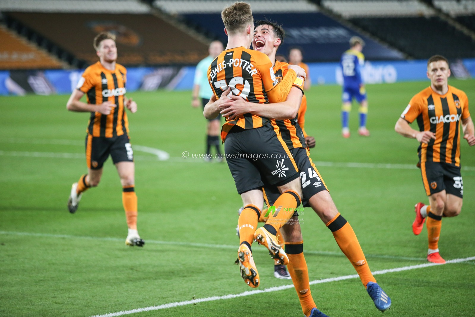 Keane Lewis-Potter (19) of Hull City celebrates his goal with Jacob Greaves (24) of Hull City