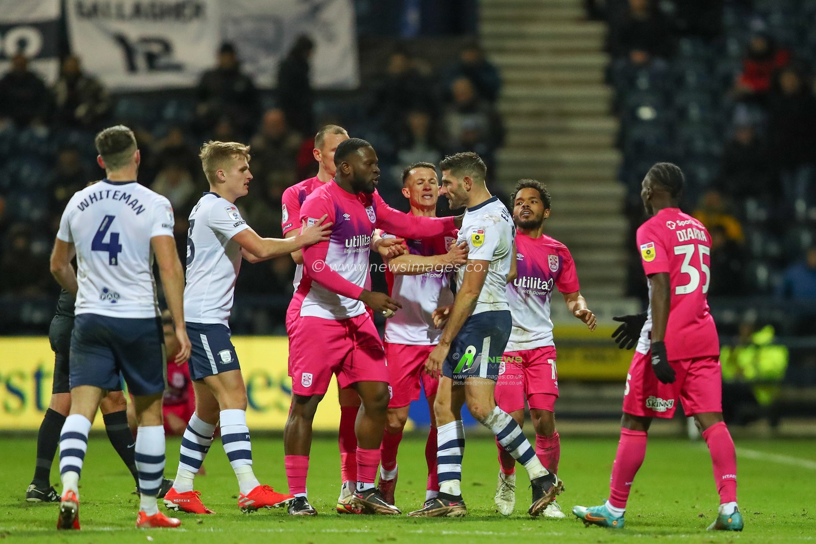 Tempers boil over during the Sky Bet Championship match Preston North End vs Huddersfield Town at Deepdale, Preston, United Kingdom, 26th December 2022

(Photo by Gareth Evans/News Images)