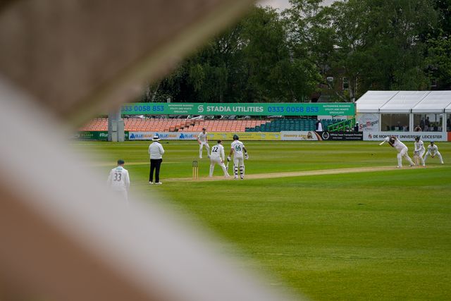 A general view of the players as Rishi Patel drives the ball during the County Championship Division One day 3 Leicestershire vs Nottinghamshire at Grace Road, Leicester, United Kingdom on 03 May 2026

(Photo by Maynard Manyowa/News Images)