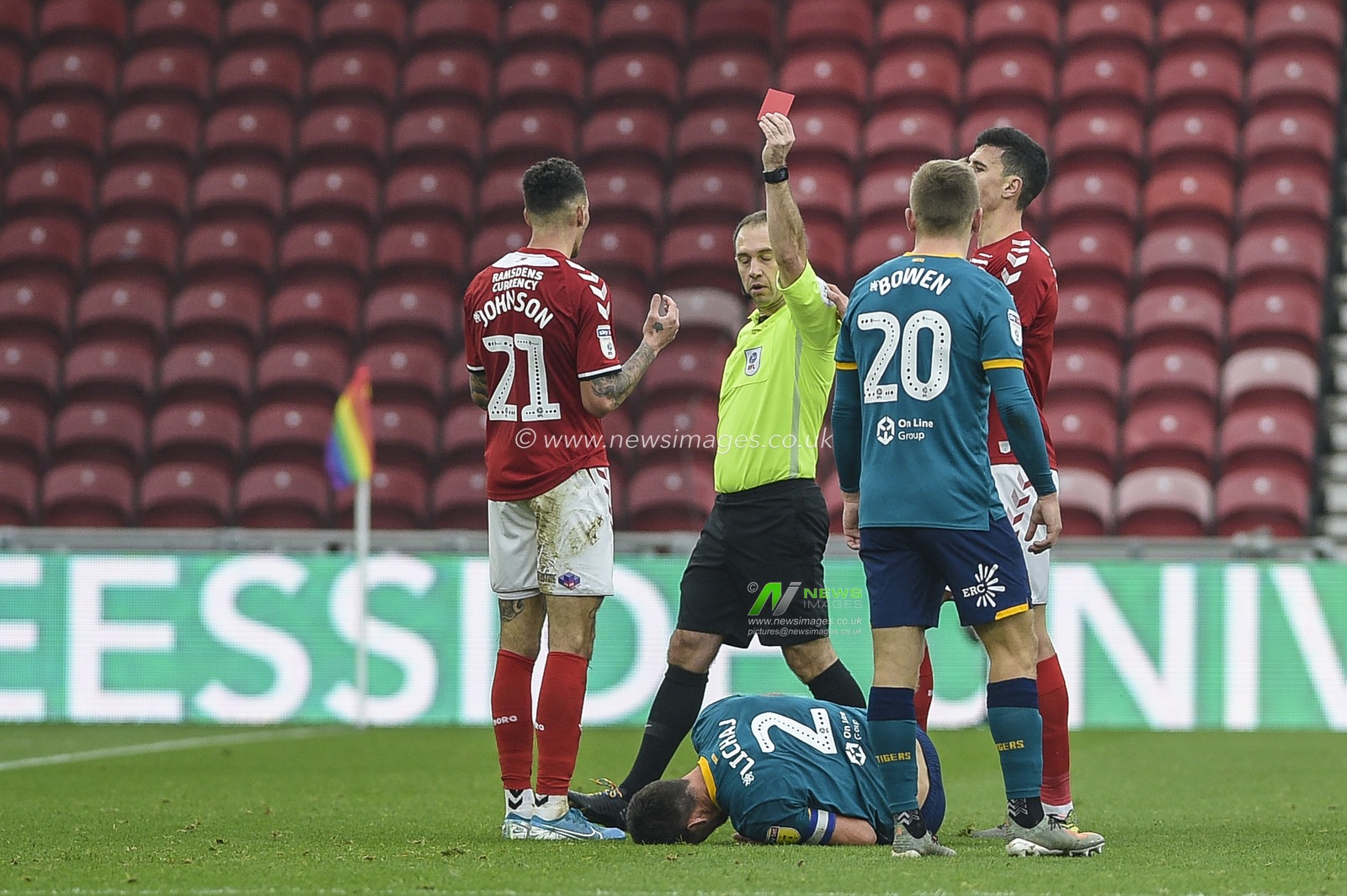 24th November 2019, Riverside Stadium, Middlesbrough, England; Sky Bet Championship, Middlesbrough v Hull City : Marvin Johnson (21) of Middlesbrough is shown a red card from referee Jeremy Simpson

Credit: Iam Burn/News Images