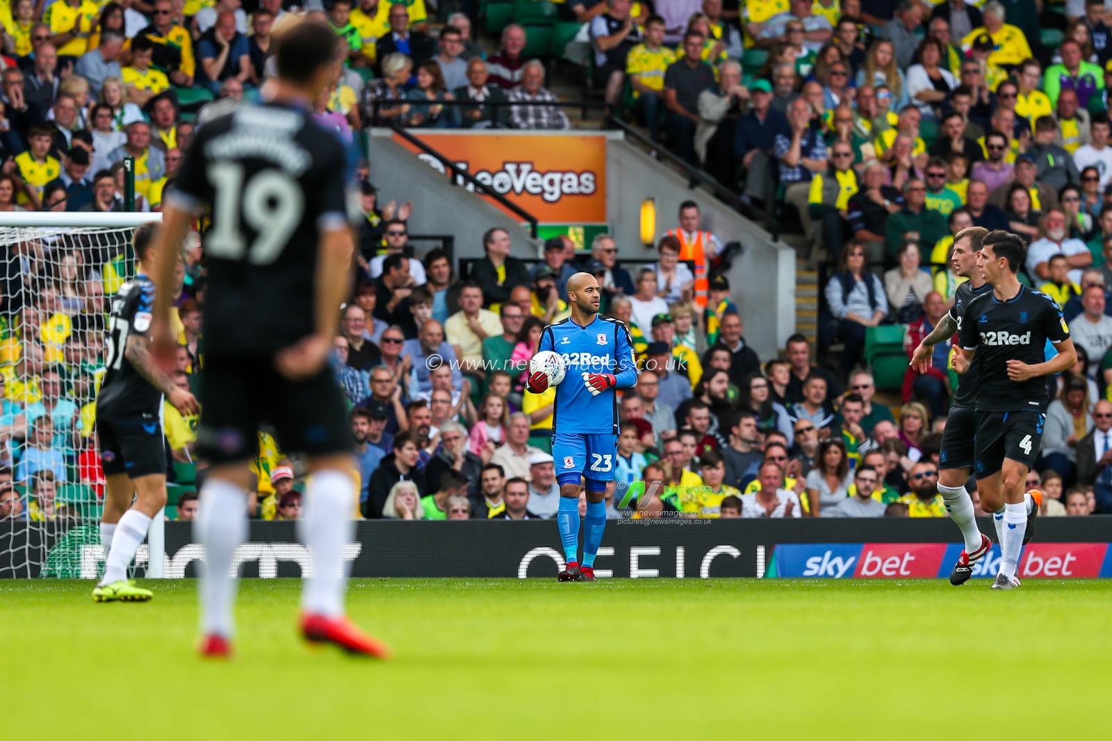 15th August 2018, Carrow Road, Norfolk, England; Sky Bet EFL Championship Norwich City v Middlesbrough ;  Middlesborough's keeper Darren Randolph prepares to distribute the ball after being tested by Norwich.



EDITORIAL USE ONLY No use with unauthorised audio, video, data, fixture lists, club/league logos or 'live' services. Online in-match use limited to 45 images, no video emulation. No use in betting, games or single club/league/player publications and all English Football League images are subject to DataCo Licence