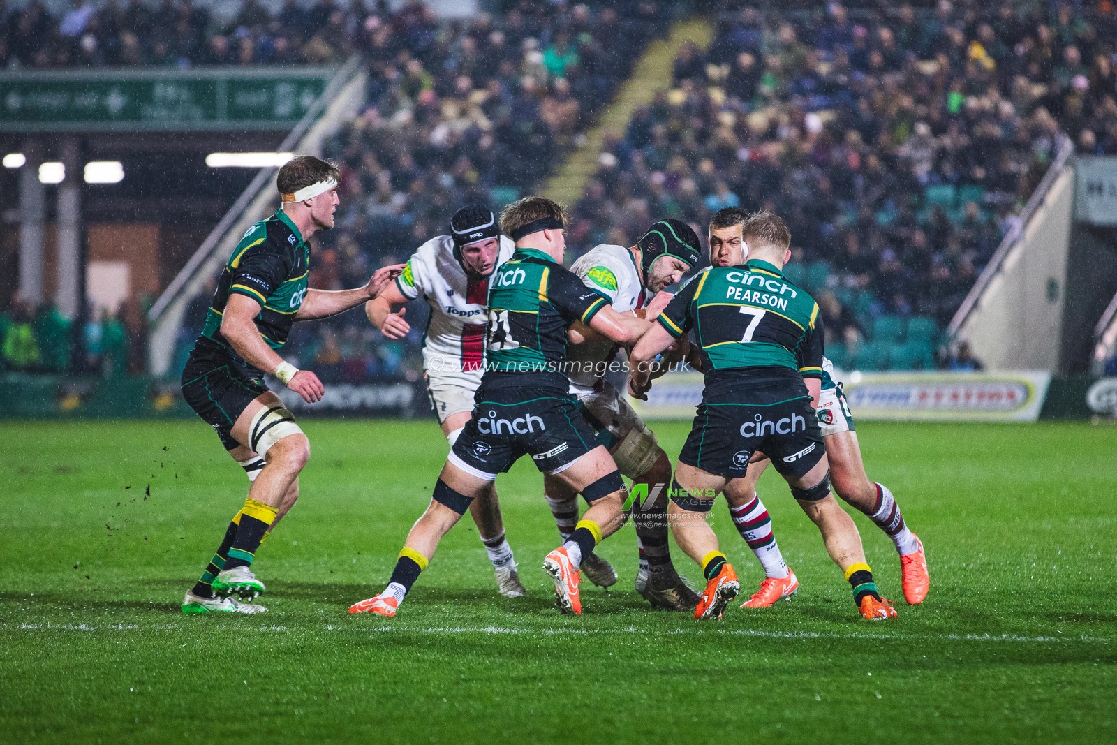 Harry Wells makes a carry with support from Cameron Henderson and Handre Pollard during the Gallagher Premiership match Northampton Saints vs Leicester Tigers at Cinch Stadium at Franklin's Gardens, Northampton, United Kingdom, 21st March 2025

(Photo by Craig Evans/News Images)
