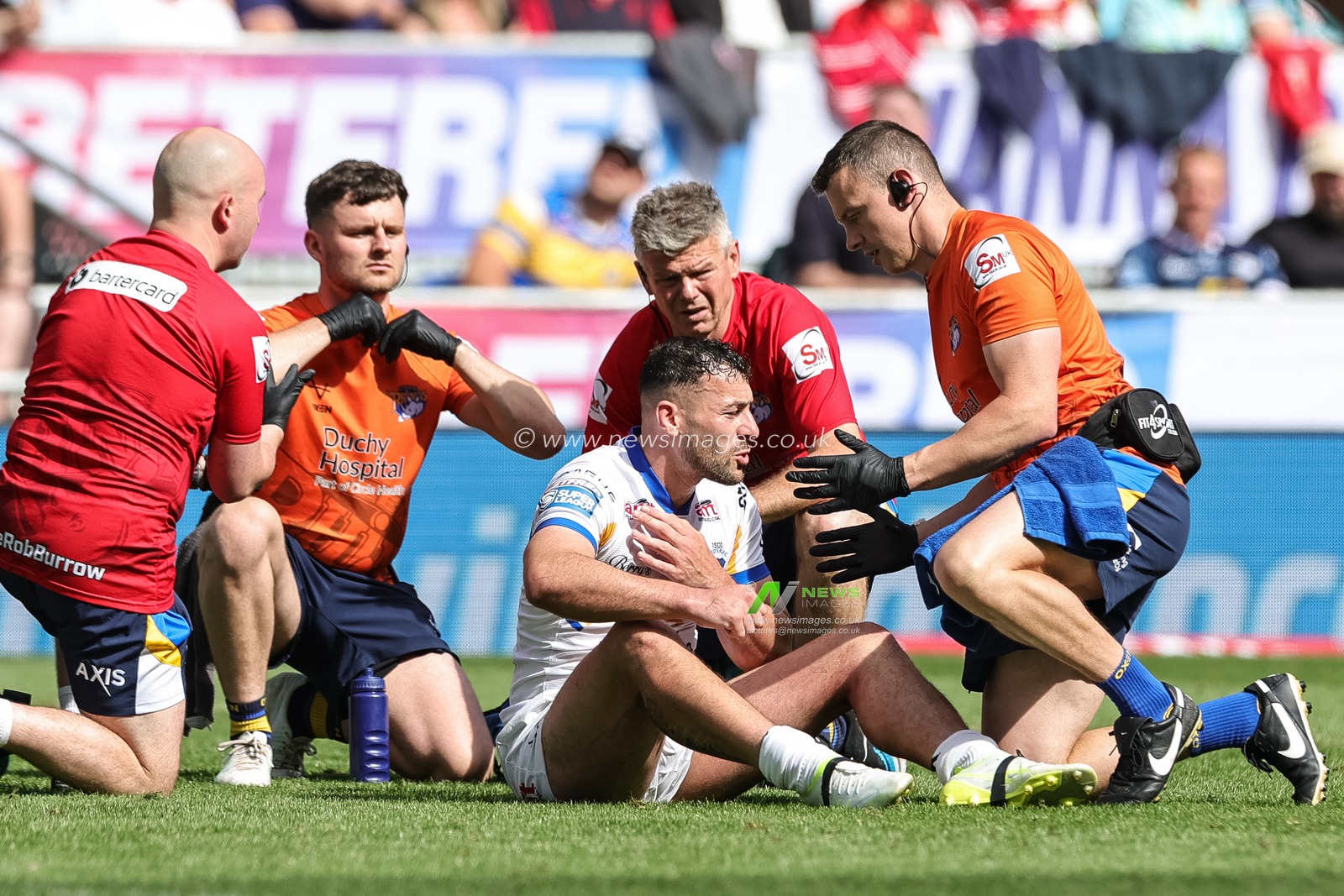 Jake Connor of Leeds Rhinos receives treatment during the Betfred Super League Magic Weekend match Leeds Rhinos vs Bradford Bulls at Hill Dickinson Stadium, Liverpool, United Kingdom on 05 July 2026

(Photo by Mark Cosgrove/News Images)