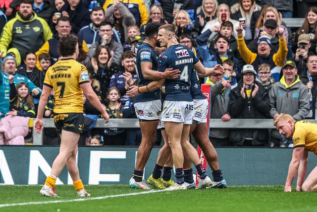 Maika Sivo of Leeds Rhinos celebrates his try during the Betfred Super League round 4 match Leeds Rhinos vs Castleford Tigers at AMT Headingley Stadium, Leeds, United Kingdom on 08 March 2026

(Photo by Alfie Cosgrove/News Images)