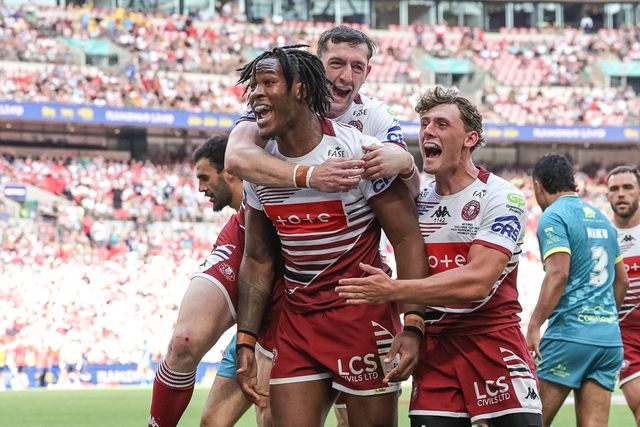 Junior Nsemba of Wigan Warriors celebrates his try during the Betfred Challenge Cup Final match Wigan Warriors vs Hull KR at Wembley Stadium, London, United Kingdom on 30 May 2026

(Photo by Mark Cosgrove/News Images)