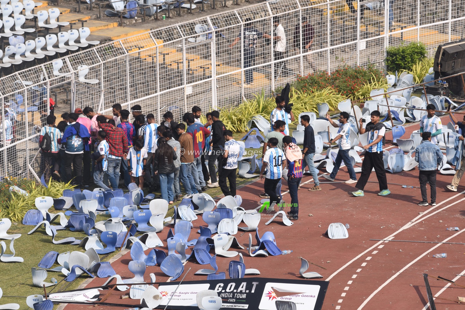 Argentine soccer star Lionel Messi concludes his whirlwind India tour at Vivekananda Yuva Bharati Krirangan, Kolkata, on December 13, 2025. Fans are seen on the pitch after his departure.Photo by Debajyoti Chakraborty.