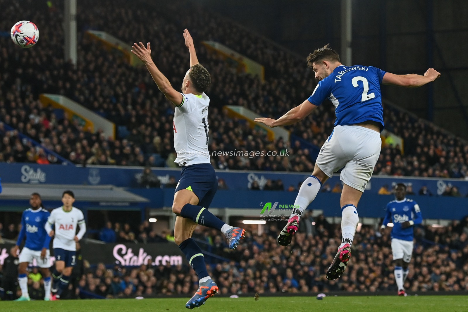 James Tarkowski #2 of Everton heads on goal during the Premier League match Everton vs Tottenham Hotspur at Goodison Park, Liverpool, United Kingdom, 3rd April 2023

(Photo by Craig Thomas/News Images)