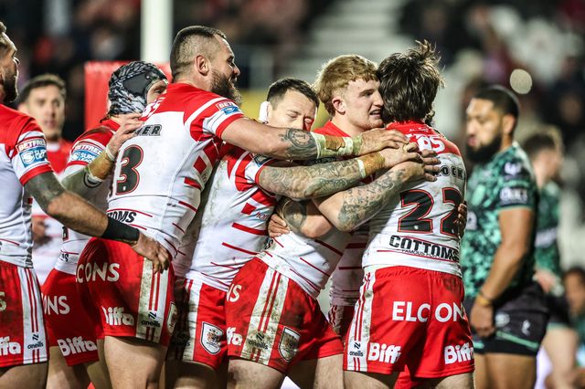 Joe Shorrocks of St Helens celebrates his try during the Betfred Super League match St Helens vs Leigh Leopards at The BrewDog Stadium, St Helens, United Kingdom on 20 February 2026

(Photo by Alfie Cosgrove/News Images)