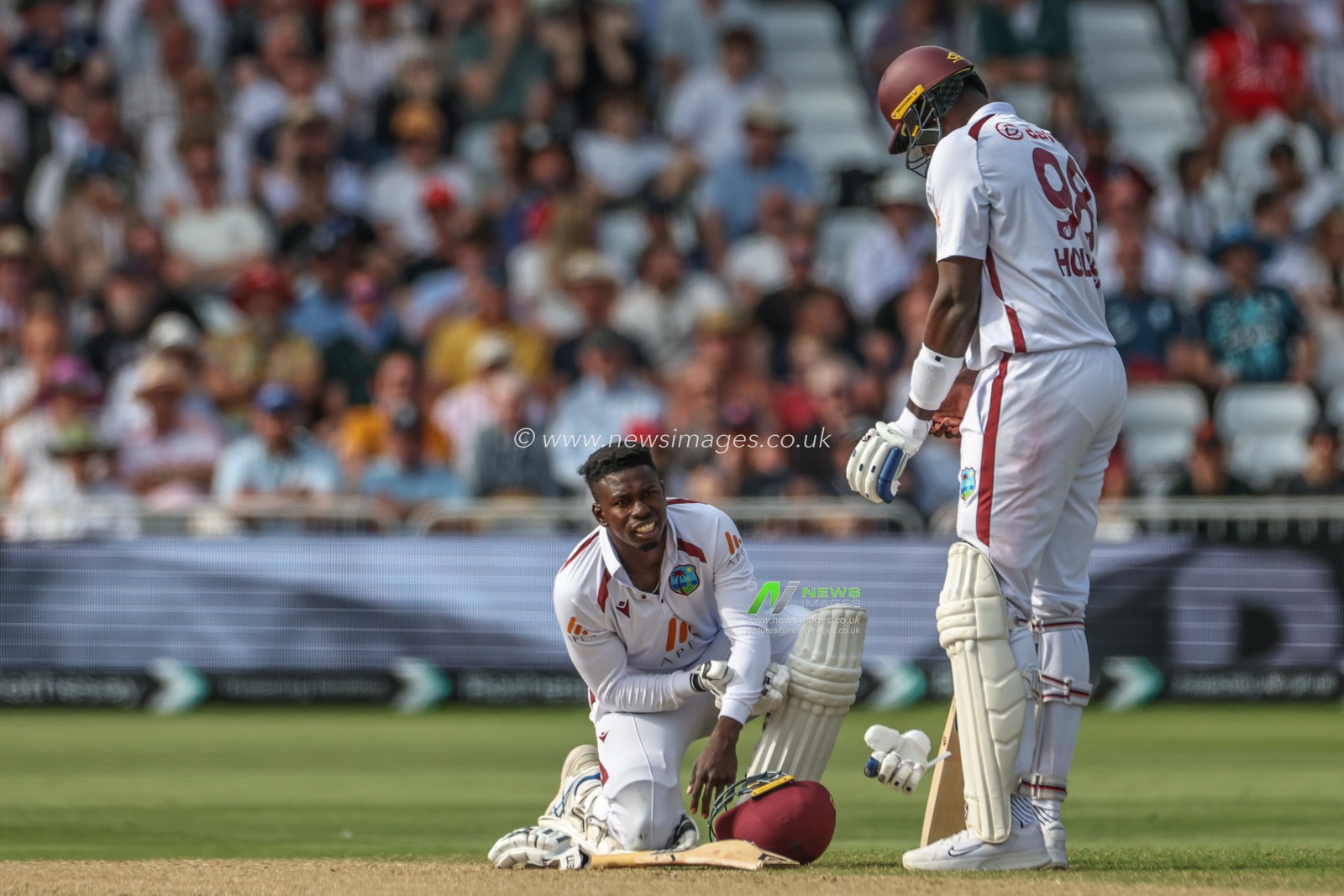 Kevin Sinclair of West Indies hurts his arm after the ball hits him and being caught out during the Rothesay Test Match day four match England vs West Indies at Trent Bridge, Nottingham, United Kingdom, 21st July 2024

(Photo by Mark Cosgrove/News Images)