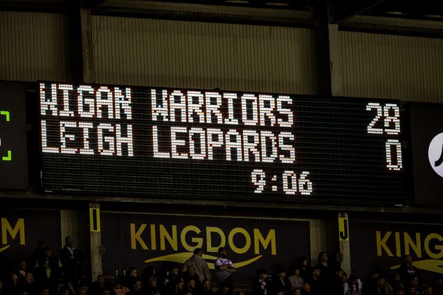 Wigan lead 28-0 during the Betfred Super League match Wigan Warriors vs Leigh Leopards at The Brick Community Stadium, Wigan, United Kingdom on 26 February 2026

(Photo by Alfie Cosgrove/News Images)