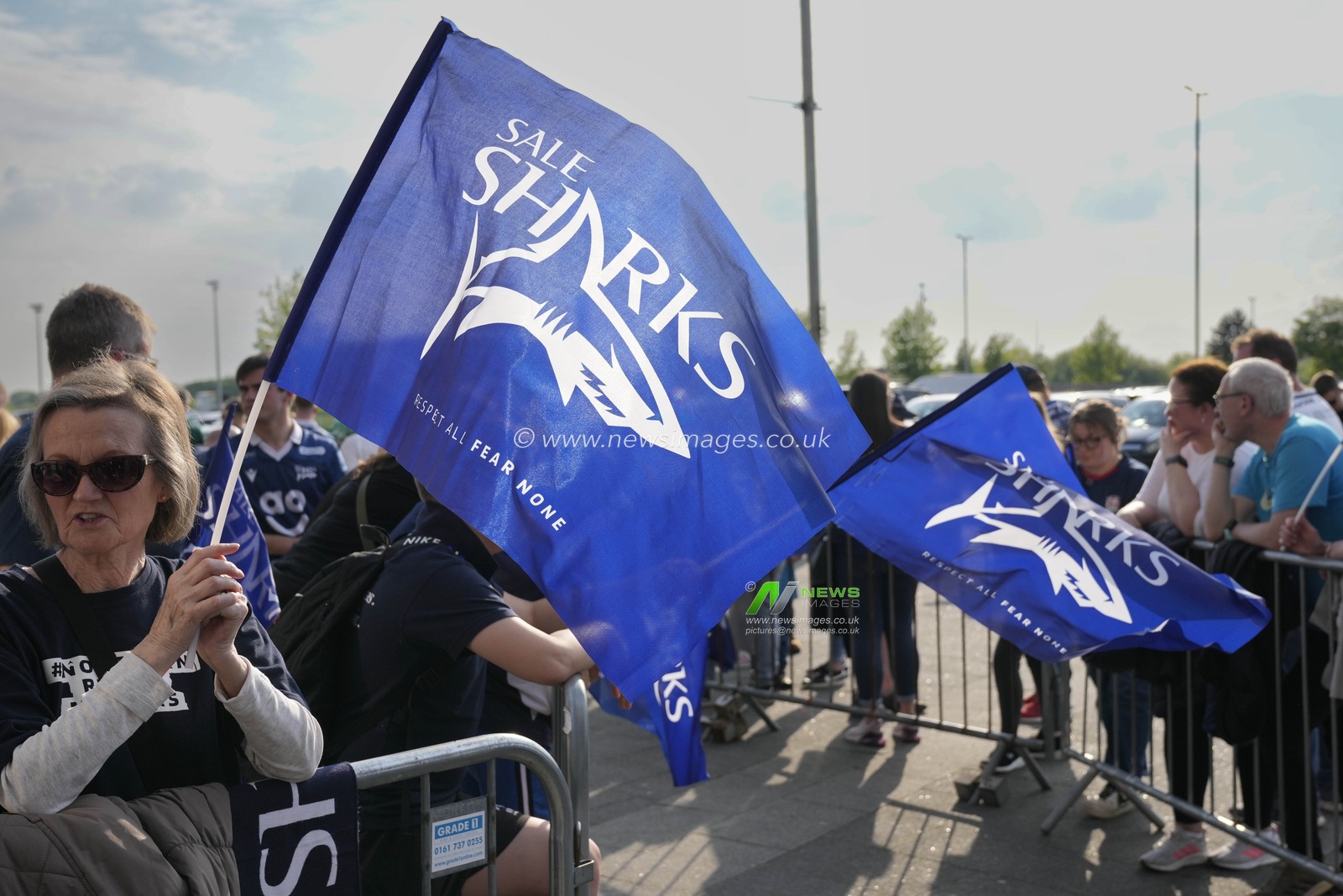 Sale Sharks fans wave flags before the Gallagher Premiership match Sale Sharks vs Leicester Tigers at Salford Community Stadium, Eccles, United Kingdom, 10th May 2024

(Photo by Steve Flynn/News Images)