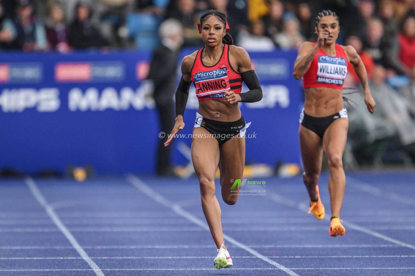 Amber Anning leads the 400m during the Microplus UK Athletics Championships Day 2 at Manchester Regional Arena, Manchester, United Kingdom, 30th June 2024

(Photo by Craig Thomas/News Images)