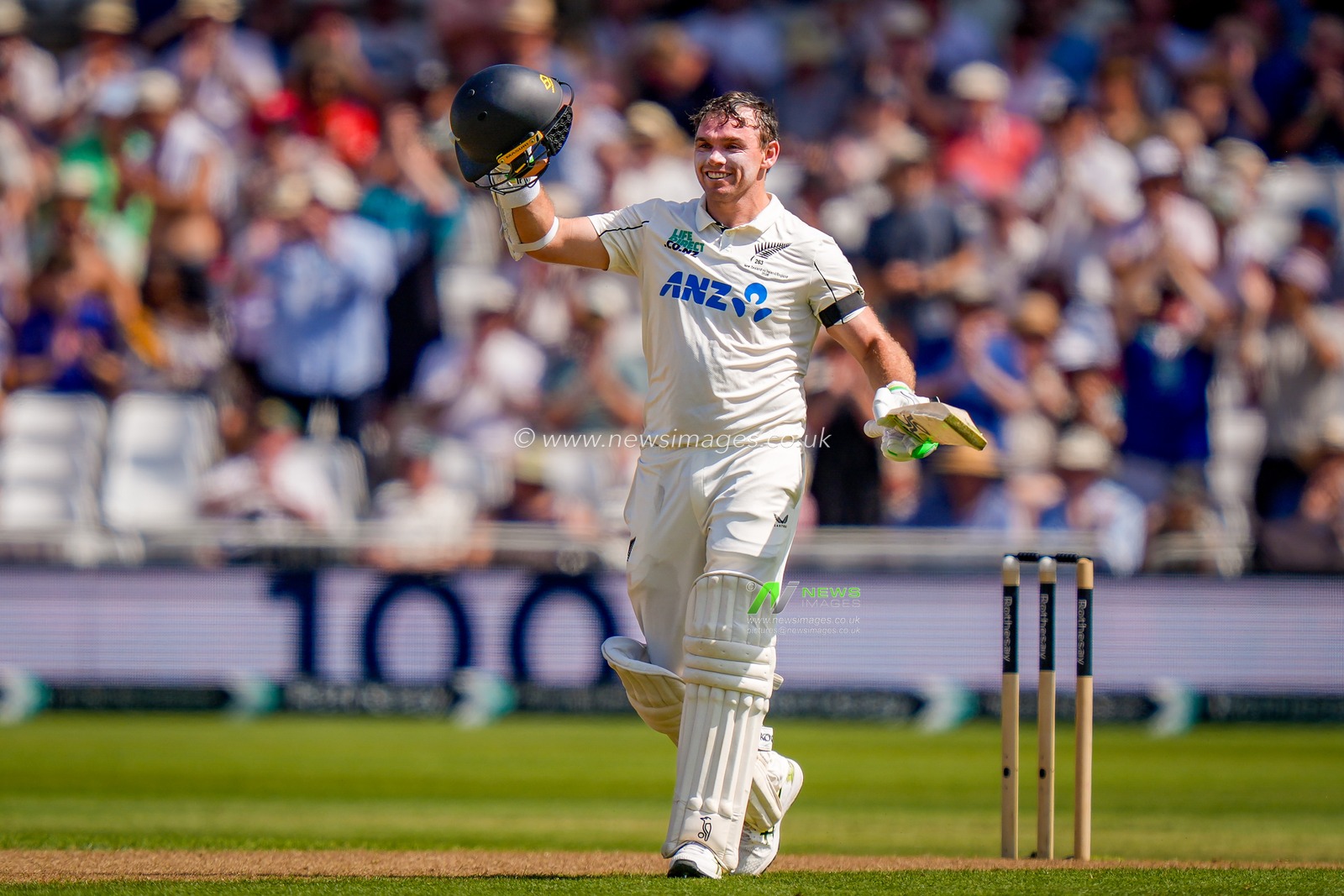 New Zealand captain Tom Latham celebrates going past 100 runs as he scores his century during the 3rd Rothesay Test Match Day 1 match England vs New Zealand at Trent Bridge, Nottingham, United Kingdom on 25 June 2026

(Photo by Maynard Manyowa/News Images)
