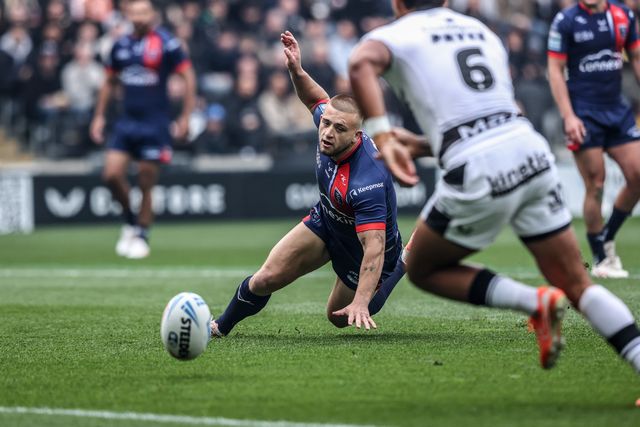 Mikey Lewis of Hull KR slips after he kicks the ball forward towards the try line during the Betfred Super League Round 8 match Hull FC vs Hull KR at MKM Stadium, Hull, United Kingdom, 18th April 2025

(Photo by Alfie Cosgrove/News Images)