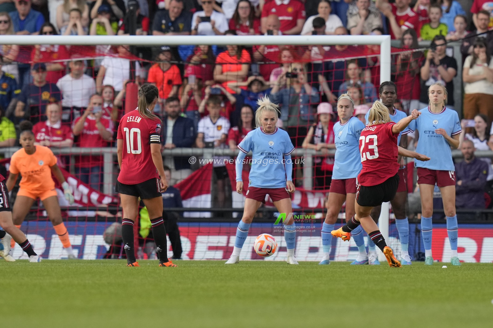 Alessia Russo #23 of Manchester United drives a free kick at the Manchester City Womenâ€™s goal during the The FA Women's Super League match Manchester United Women vs Manchester City Women at Leigh Sports Village, Leigh, United Kingdom, 21st May 2023

(Photo by Steve Flynn/News Images)
