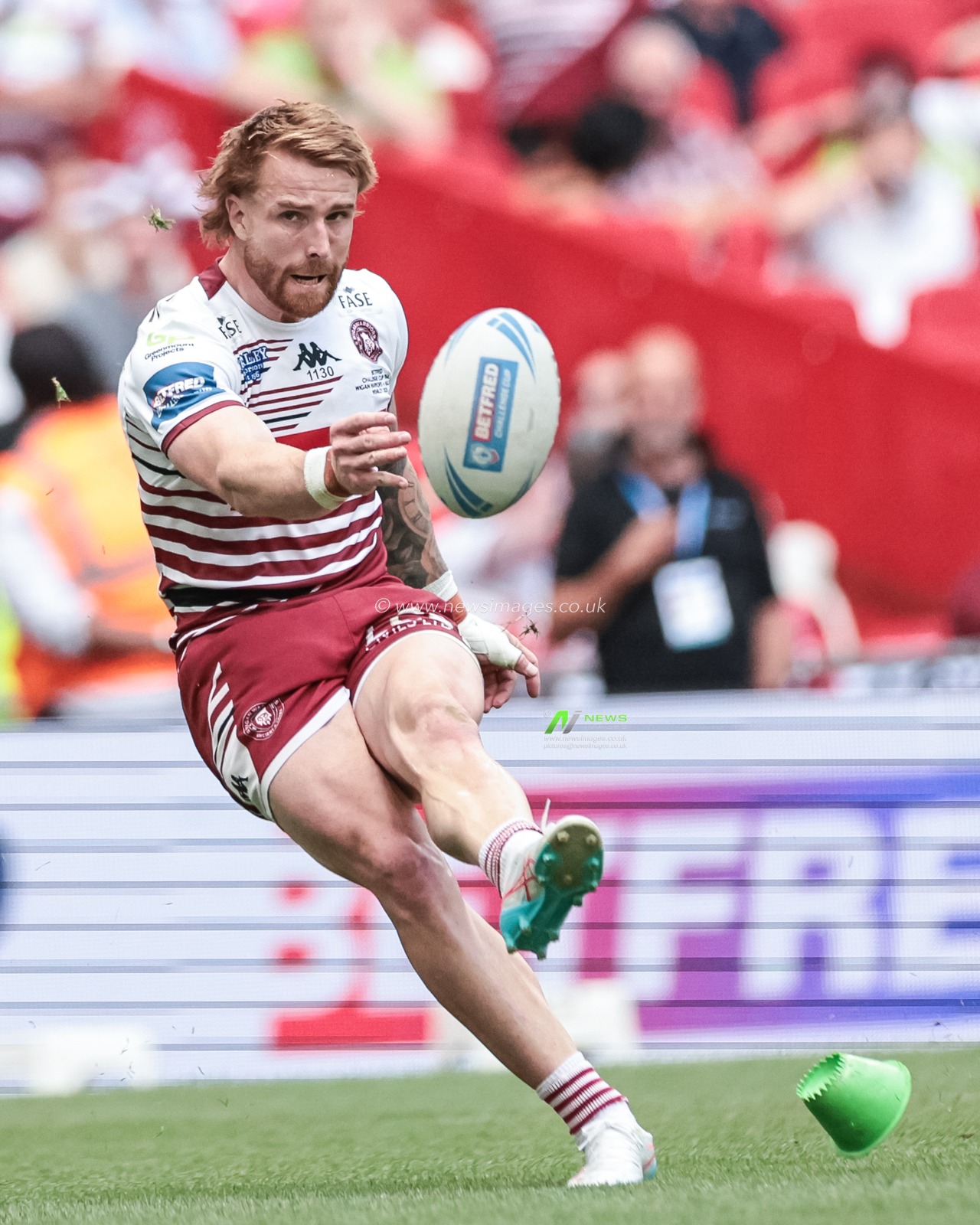 Adam Keighran of Wigan Warriors converts for a goal during the Betfred Challenge Cup Final match Wigan Warriors vs Hull KR at Wembley Stadium, London, United Kingdom on 30 May 2026

(Photo by Mark Cosgrove/News Images)