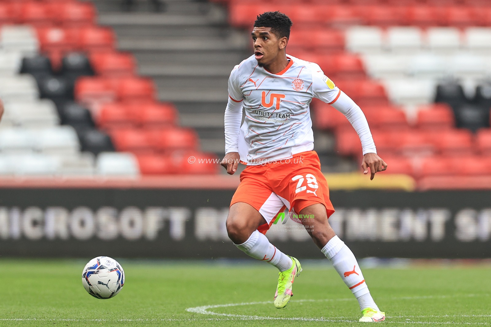 Tyreece John-Jules #28 of Blackpool in action during the game