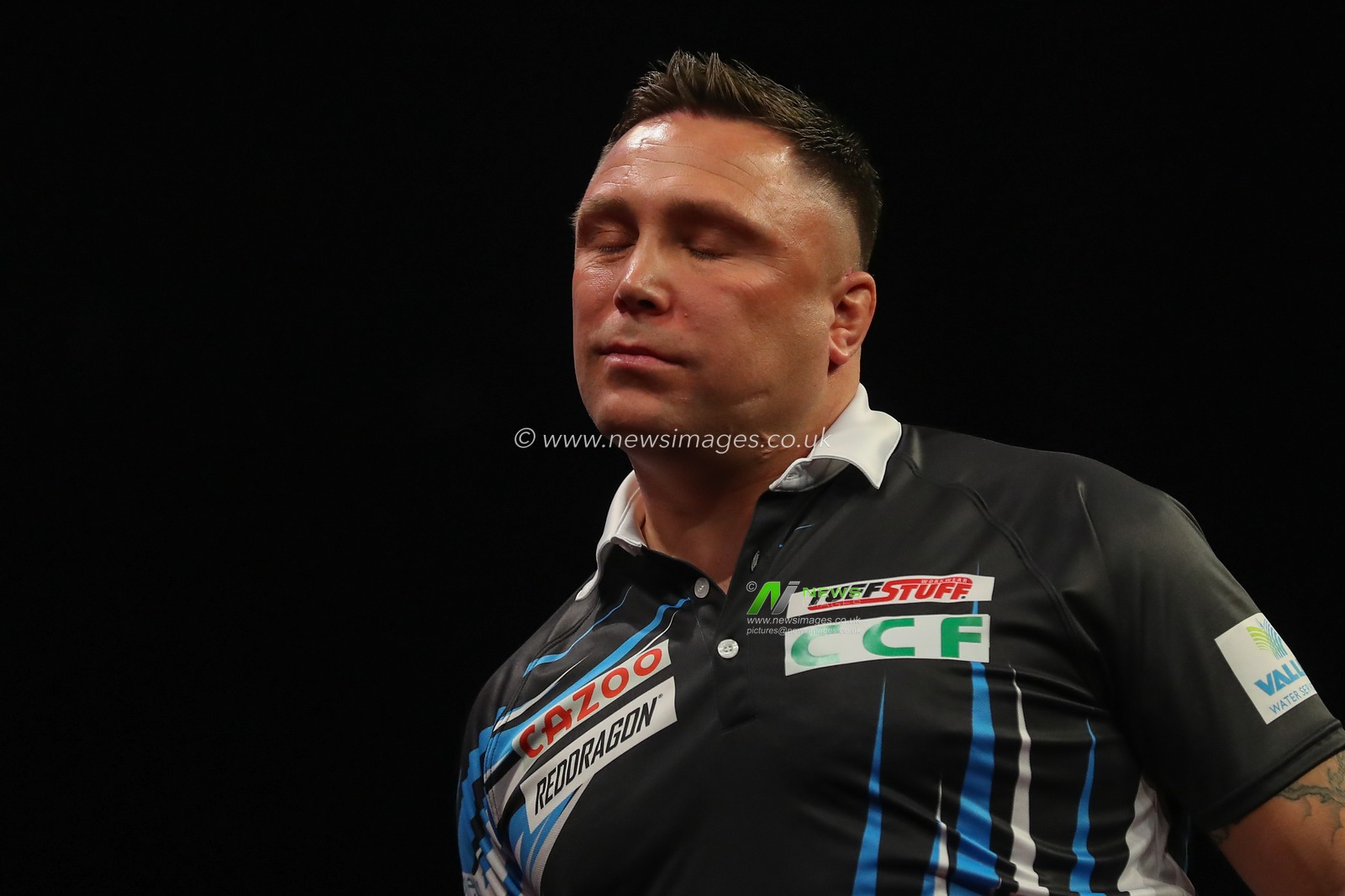 Gerwyn Price reacts during the 2023 Cazoo PDC Premier League Darts Night 10 at Utilita Arena Birmingham, Birmingham, United Kingdom, 6th April 2023

(Photo by Gareth Evans/News Images)