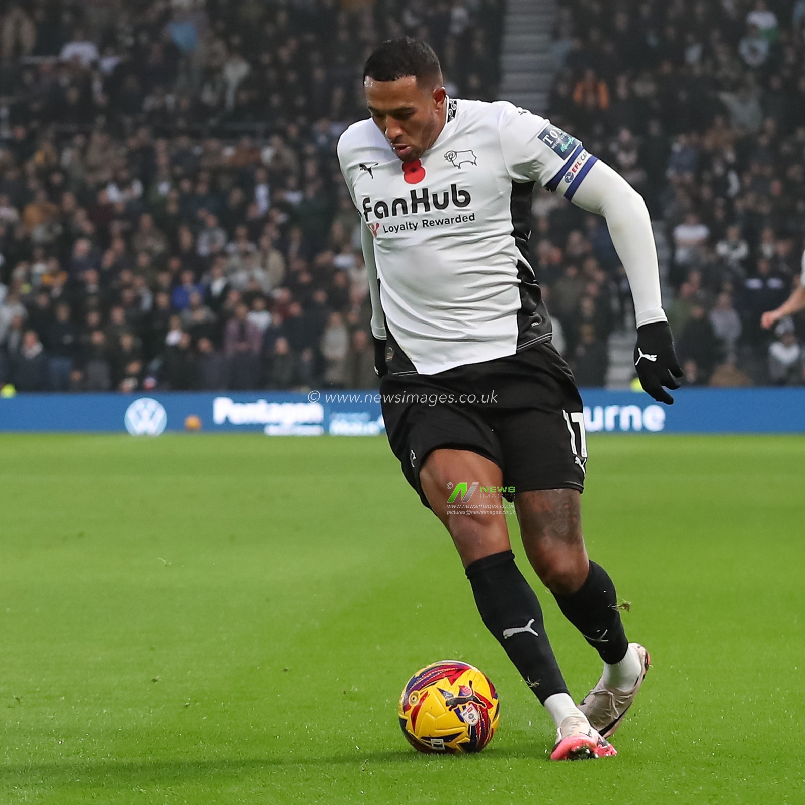 Nathaniel Mendez-Laing of Derby County brings the ball forward during the Sky Bet Championship match Derby County vs Plymouth Argyle at Pride Park Stadium, Derby, United Kingdom, 9th November 2024

(Photo by Lee Keuneke/News Images)