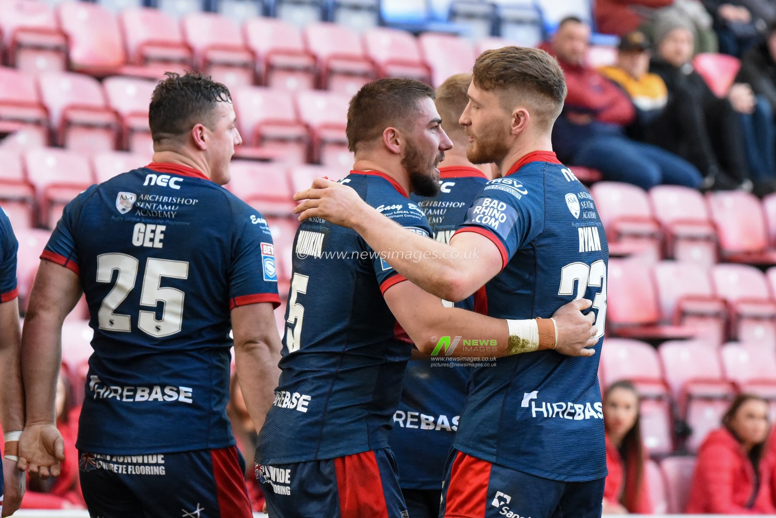 8th March 2020, DW Stadium, Wigan, England; Betfred Super League, Wigan Warriors v Hull KR : Greg Minikin (5) of Hull KR celebrates scoring a try with his team mates