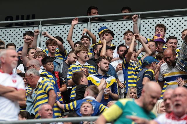 Warrington fans sing and dance during the Betfred Super League Magic Weekend match Leigh Leopards vs Warrington Wolves at Hill Dickinson Stadium, Liverpool, United Kingdom on 04 July 2026

(Photo by Mark Cosgrove/News Images)
